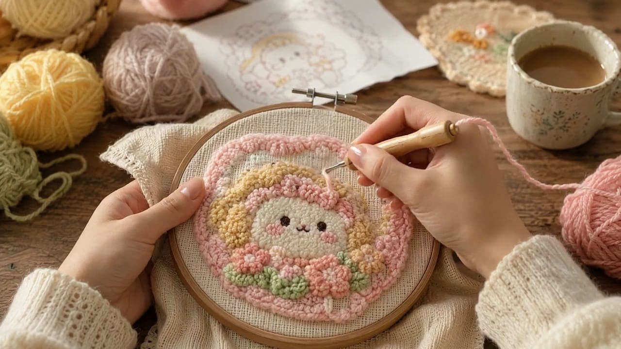 Punch iğnesiyle kasnaktaki kumaşa ilmek işlenmesi